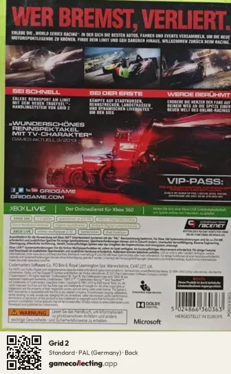 Grid 2 Xbox 360, Germany box back