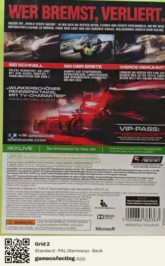 Grid 2 Xbox 360, Germany box back