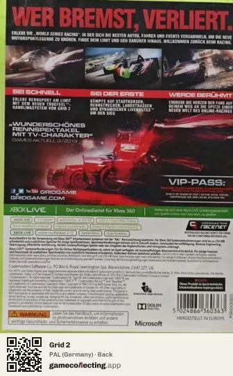 Grid 2 Xbox 360, Germany box back