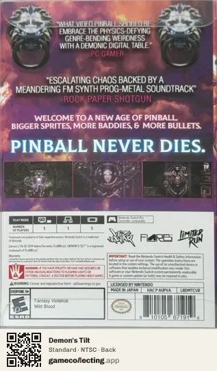 Demon's Tilt Nintendo Switch, NTSC box back