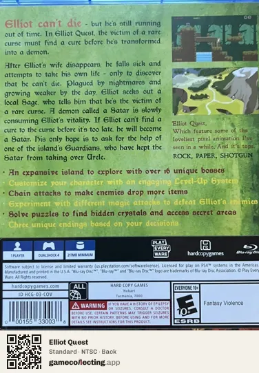 Elliot Quest PlayStation 4, NTSC box back