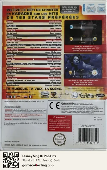 Disney Sing It: Pop Hits Nintendo Wii, France box back
