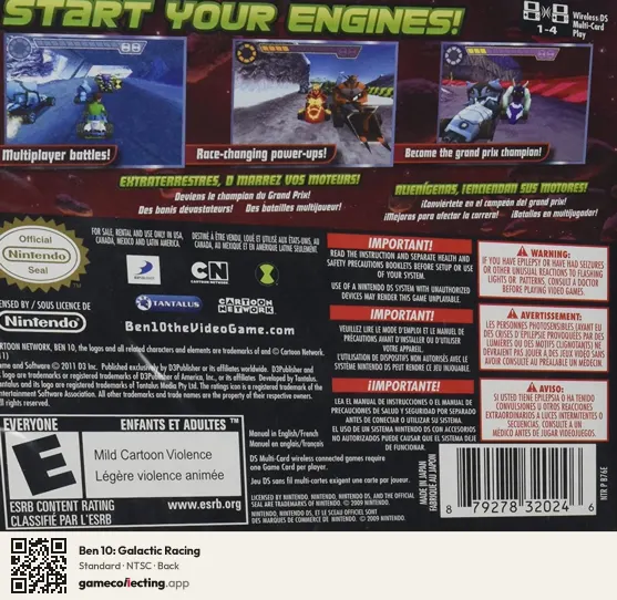 Ben 10: Galactic Racing Nintendo DS, NTSC box back