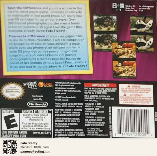 Foto Frenzy Nintendo DS, NTSC box back