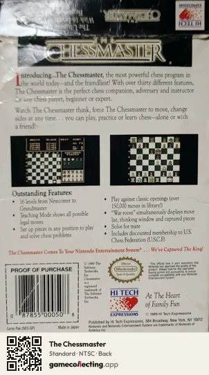 The Chessmaster Nintendo Entertainment System, NTSC box back