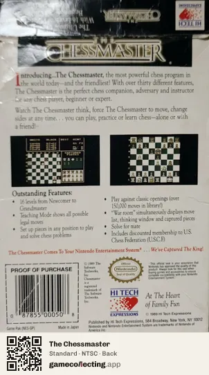 The Chessmaster Nintendo Entertainment System, NTSC box back