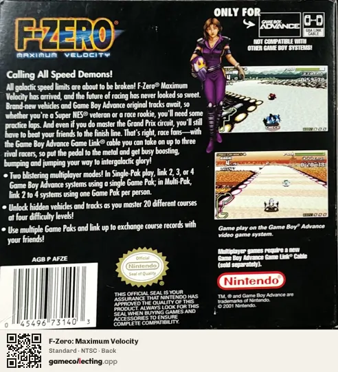 F-Zero: Maximum Velocity Game Boy Advance, NTSC box back