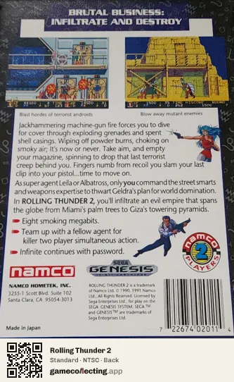 Rolling Thunder 2 Sega Mega Drive / Genesis, NTSC box back
