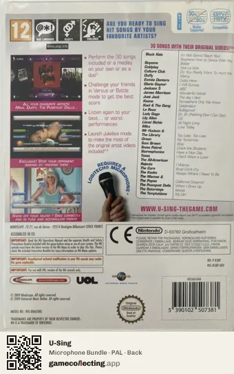 U-Sing Nintendo Wii, PAL box back