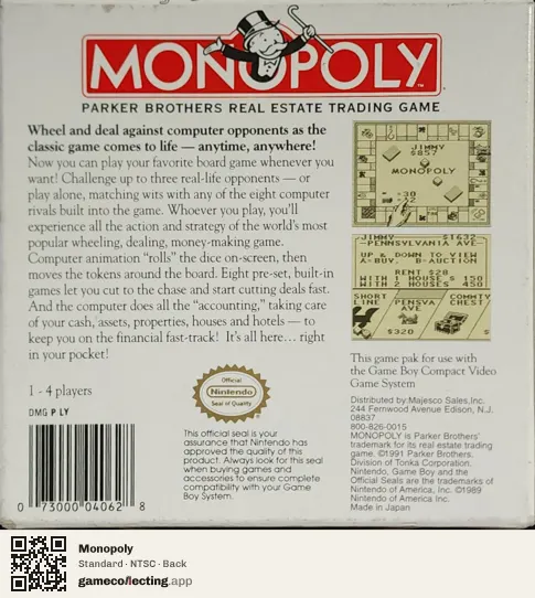 Monopoly Game Boy, NTSC box back