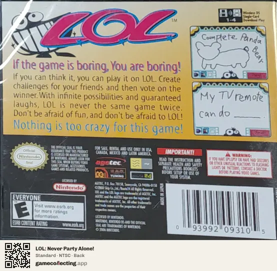 LOL: Never Party Alone! Nintendo DS, NTSC box back