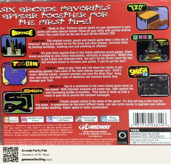 Arcade Party Pak PlayStation, NTSC box back