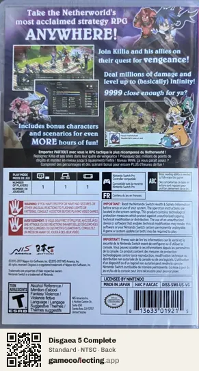 Disgaea 5 Complete Nintendo Switch, NTSC box back