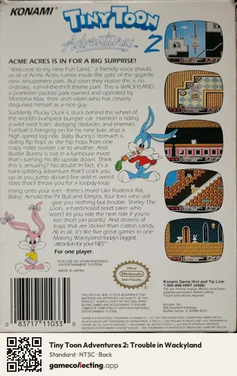 Tiny Toon Adventures 2: Trouble in Wackyland Nintendo Entertainment System, NTSC box back