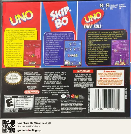 Uno / Skip-Bo / Uno Free Fall Nintendo DS, NTSC box back