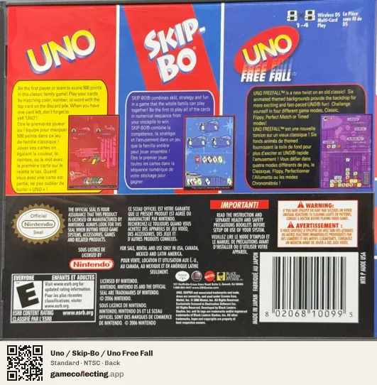 Uno / Skip-Bo / Uno Free Fall Nintendo DS, NTSC box back