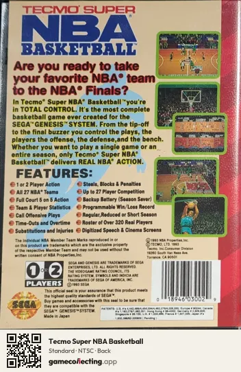 Tecmo Super NBA Basketball Sega Mega Drive / Genesis, NTSC box back