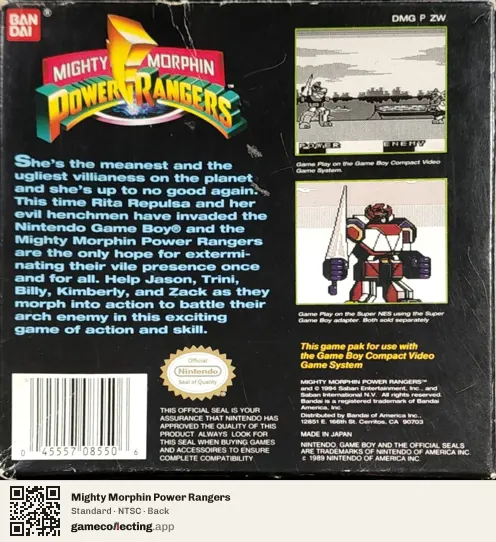 Mighty Morphin Power Rangers Game Boy, NTSC box back
