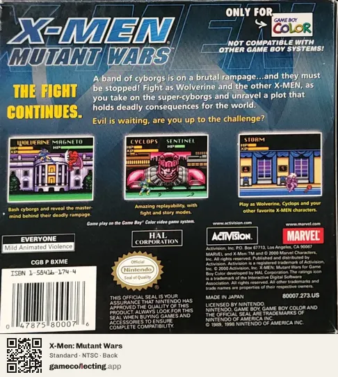 X-Men: Mutant Wars Game Boy Color, NTSC box back