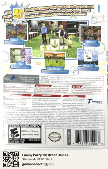 Family Party: 30 Great Games Nintendo Wii, NTSC box back