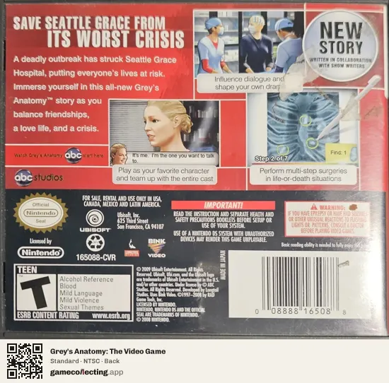 Grey's Anatomy: The Video Game Nintendo DS, NTSC box back