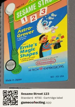 Sesame Street 123 Nintendo Entertainment System, NTSC cartridge label