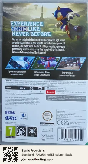 Sonic Frontiers Nintendo Switch, United Kingdom box back