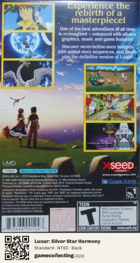 Lunar: Silver Star Harmony PlayStation Portable, NTSC box back