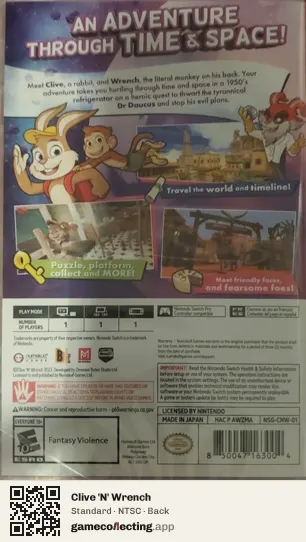 Clive 'N' Wrench Nintendo Switch, NTSC box back
