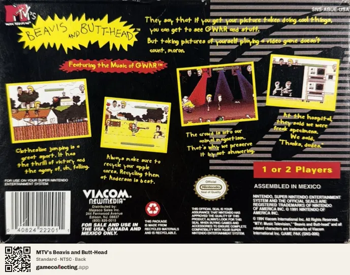 MTV's Beavis and Butt-Head Super Nintendo Entertainment System, NTSC box back