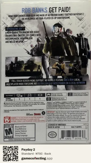 Payday 2 Nintendo Switch, NTSC box back