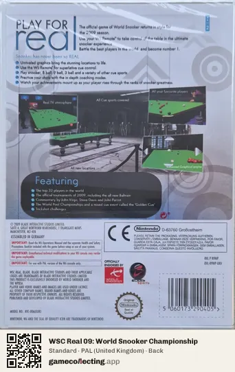 WSC Real 09: World Snooker Championship Nintendo Wii, United Kingdom box back