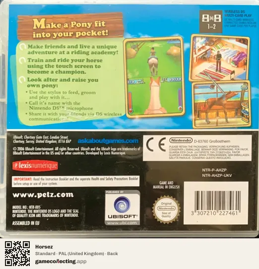 Horsez Nintendo DS, United Kingdom box back