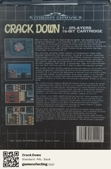 Crack Down Sega Mega Drive / Genesis, PAL box back