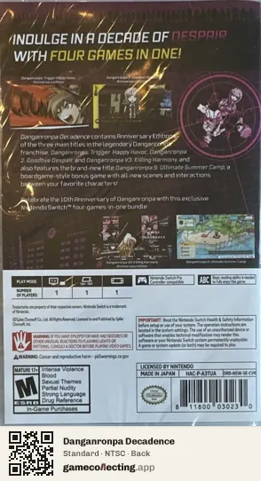 Danganronpa Decadence Nintendo Switch, NTSC box back