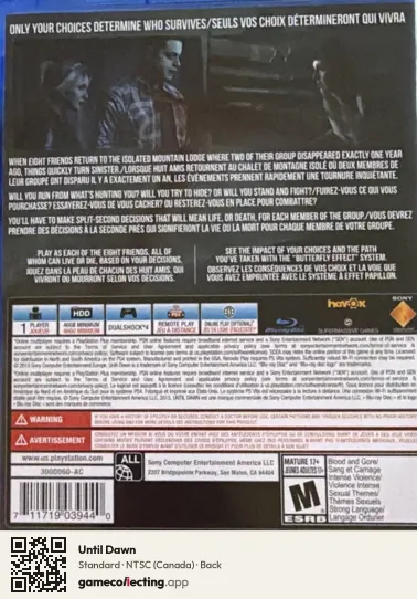Until Dawn PlayStation 4, Canada box back