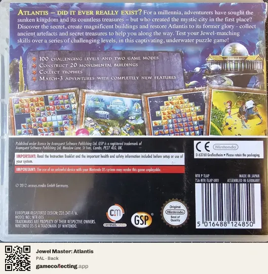 Jewel Master: Atlantis Nintendo DS, PAL box back