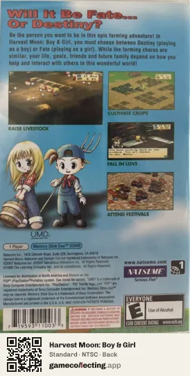 Harvest Moon: Boy & Girl PlayStation Portable, NTSC box back