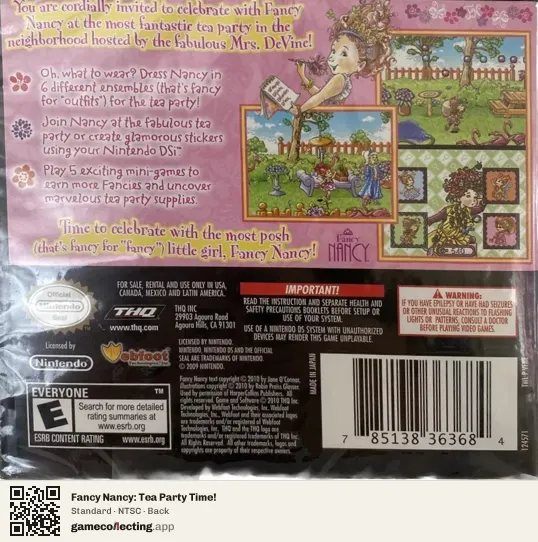 Fancy Nancy: Tea Party Time! Nintendo DS, NTSC box back