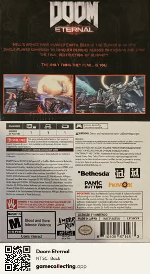 Doom Eternal Nintendo Switch, NTSC box back
