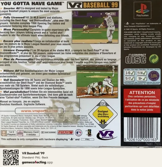VR Baseball '99 PlayStation, PAL box back