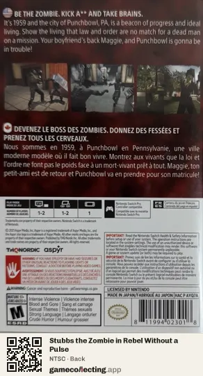 Stubbs the Zombie in Rebel Without a Pulse Nintendo Switch, NTSC box back