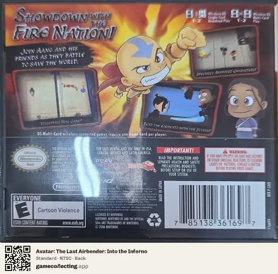 Avatar: The Last Airbender: Into the Inferno Nintendo DS, NTSC box back