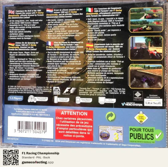 F1 Racing Championship Sega Dreamcast, PAL box back
