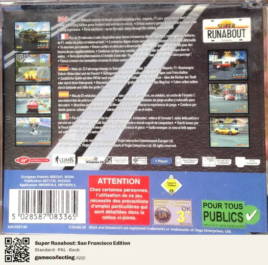 Super Runabout: San Francisco Edition Sega Dreamcast, PAL box back