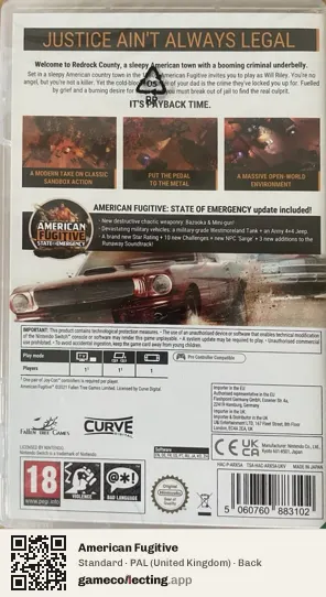 American Fugitive Nintendo Switch, United Kingdom box back