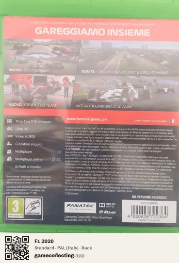 F1 2020 Xbox One, Italy box back