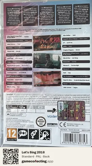 Let's Sing 2018 Nintendo Switch, PAL box back