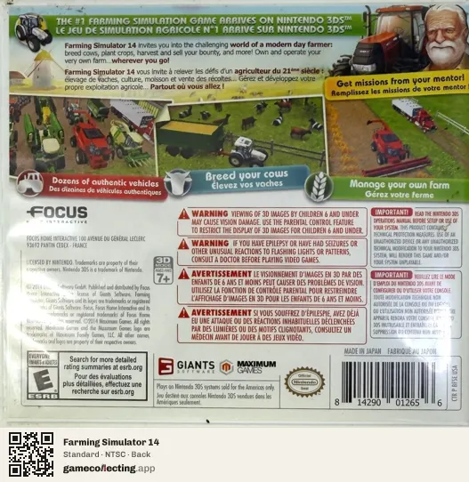 Farming Simulator 14 Nintendo 3DS, NTSC box back