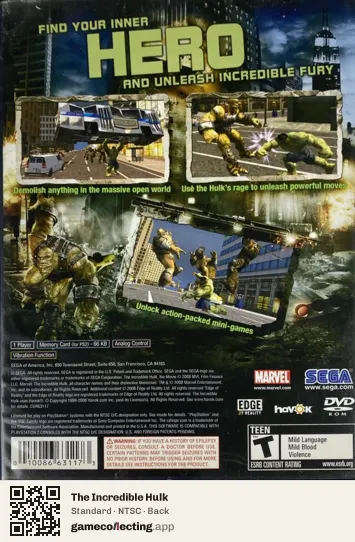 The Incredible Hulk PlayStation 2, NTSC box back